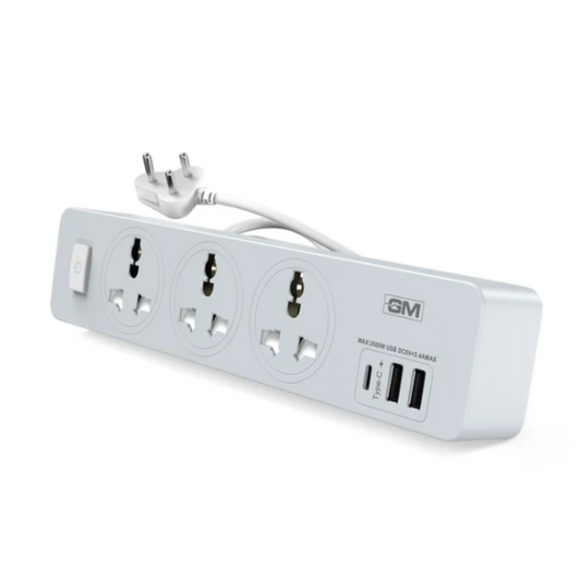 GM Cuba 4+1 power strip with 3 universal sockets Type-C port and dual USB-A ports on white background