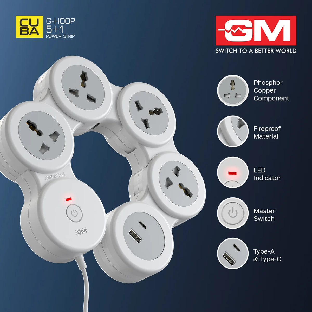 Power strip with multiple sockets and USB ports on a blue background, featuring CUBA and GM logos.