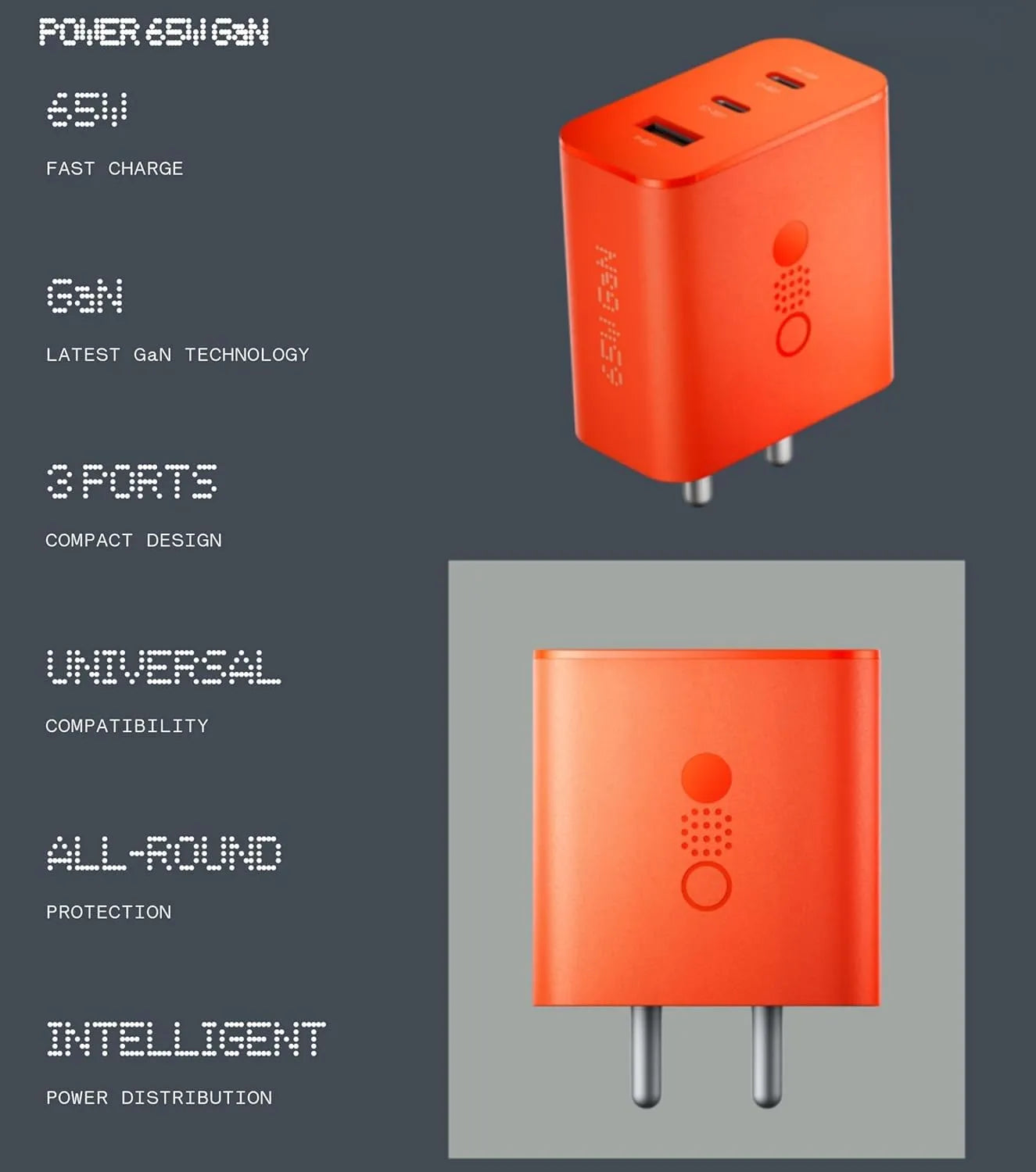 GRUNX 65W GaN Fast Charging Adapter – Compact 3 Port USB C Wall Charger Orange Edition