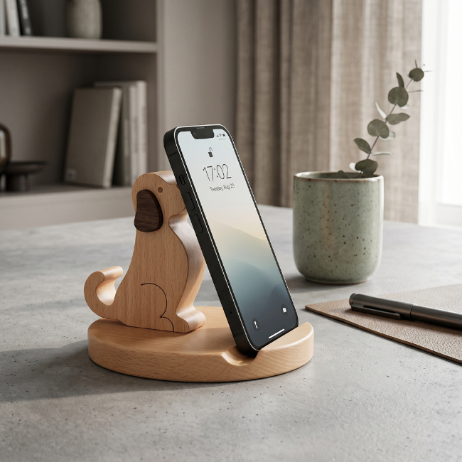 GRUNX Moti durable wooden stand displaying elevated design with phone slot for universal smartphone compatibility with cases India