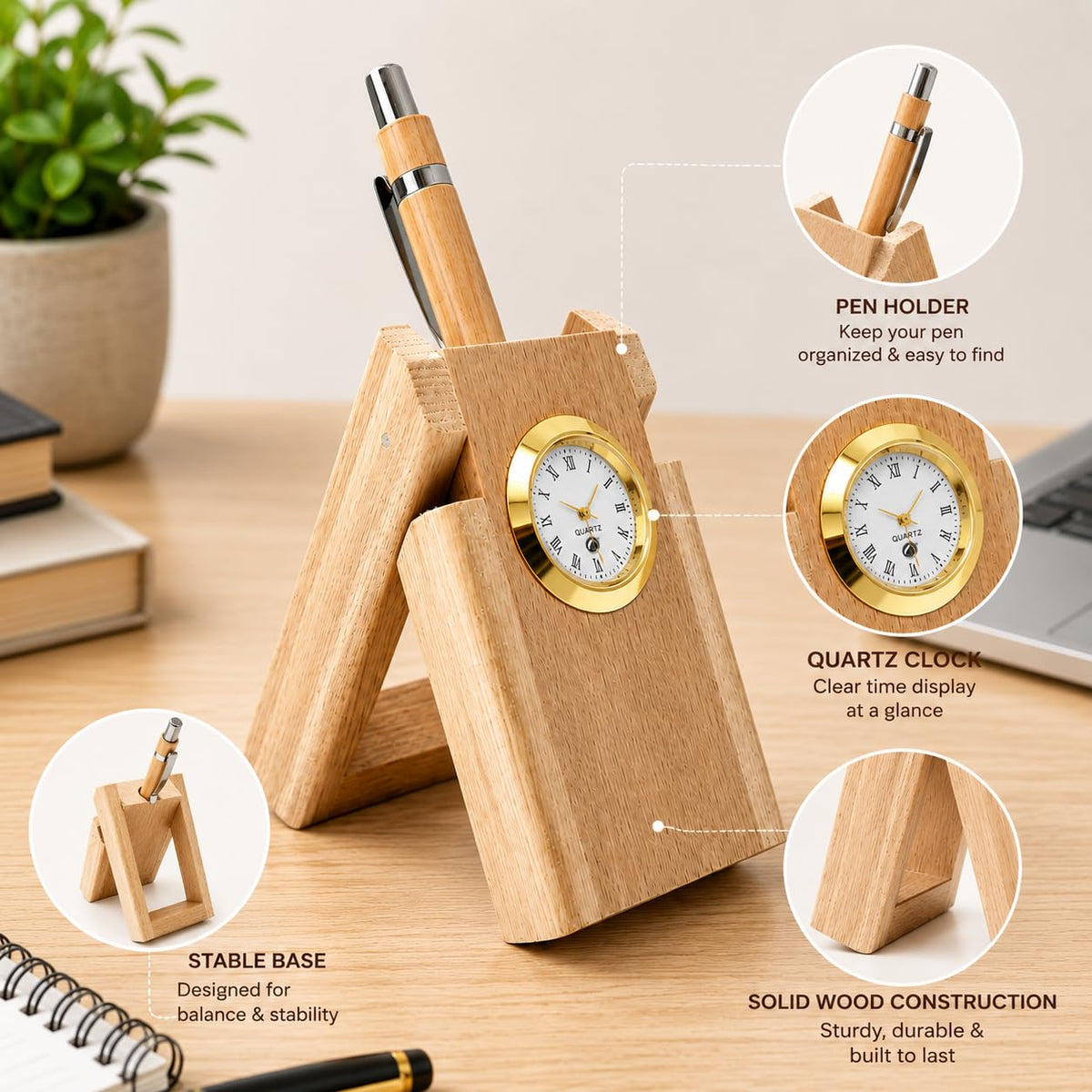 Wooden desk organizer features - pen holder, quartz clock, and stable A-frame base