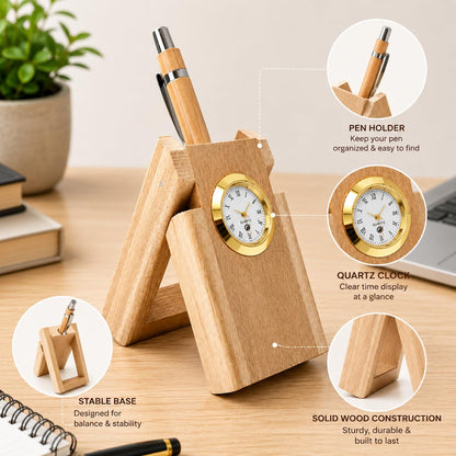 Wooden desk organizer features - pen holder, quartz clock, and stable A-frame base
