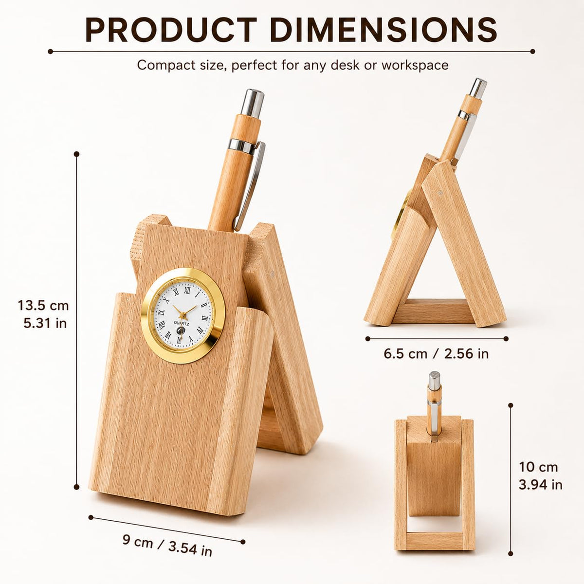 Wooden pen holder clock dimensions - 13.5cm height, 9cm width, 6.5cm depth