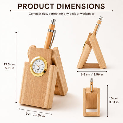 Wooden pen holder clock dimensions - 13.5cm height, 9cm width, 6.5cm depth