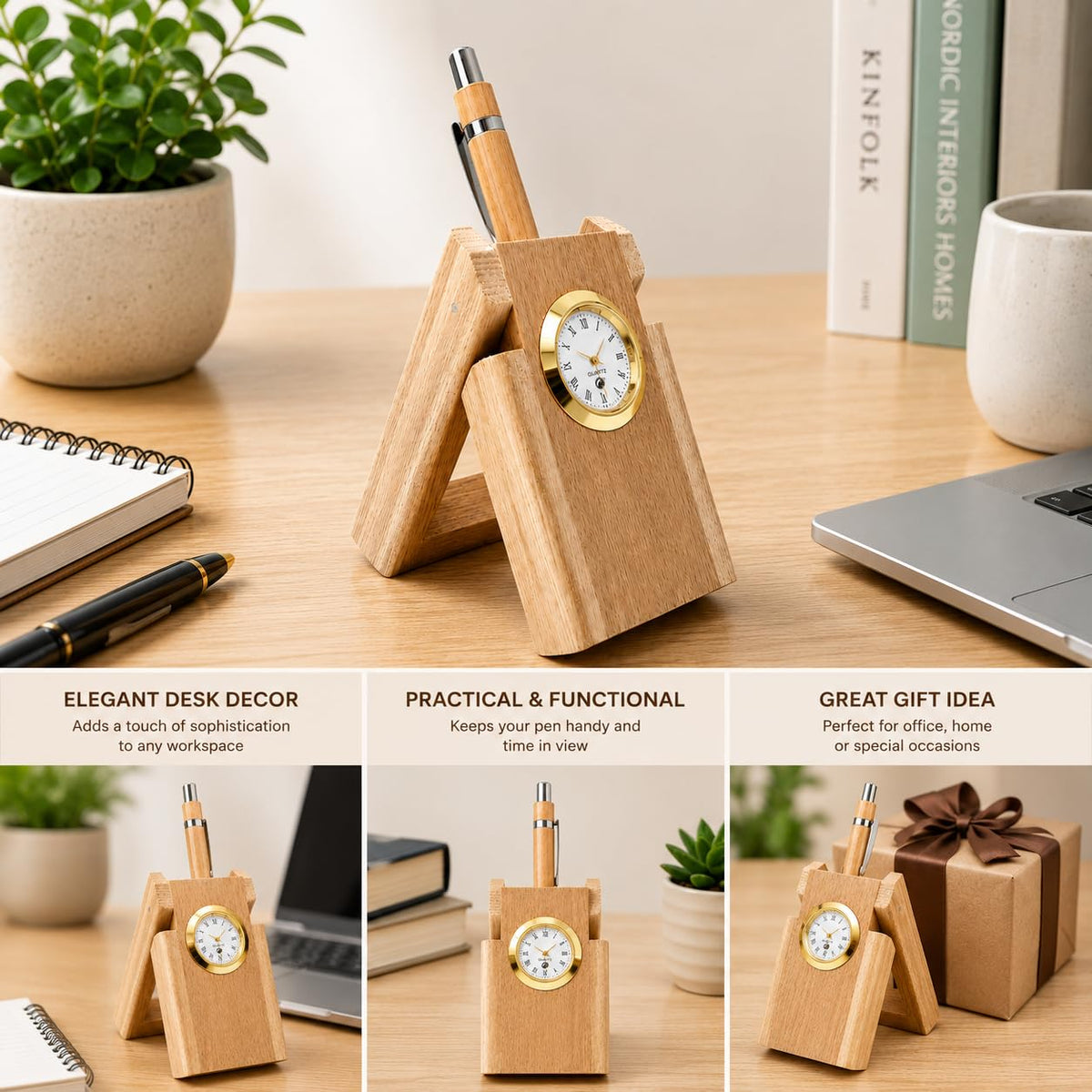Wooden pen stand with clock showing desk decor, functional design, and gift packaging