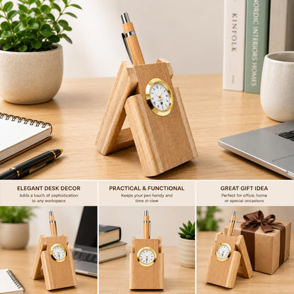 Wooden pen stand with clock showing desk decor, functional design, and gift packaging