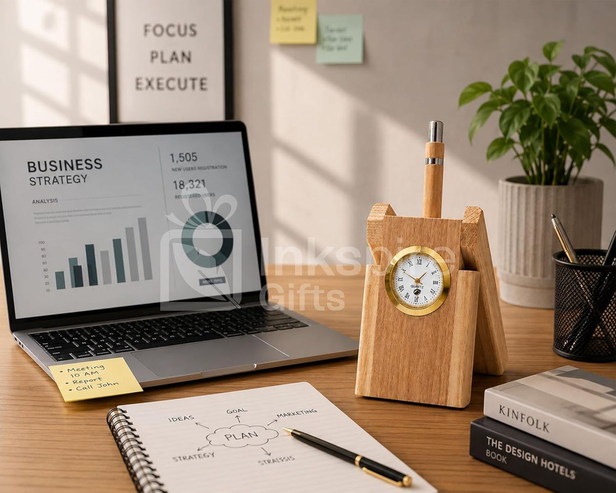 Wooden pen holder with quartz clock on modern office desk with laptop, notebook, and plants