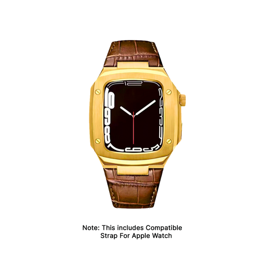 GRUNX Golden luxury stainless steel Apple Watch case with genuine leather strap gold finish India
