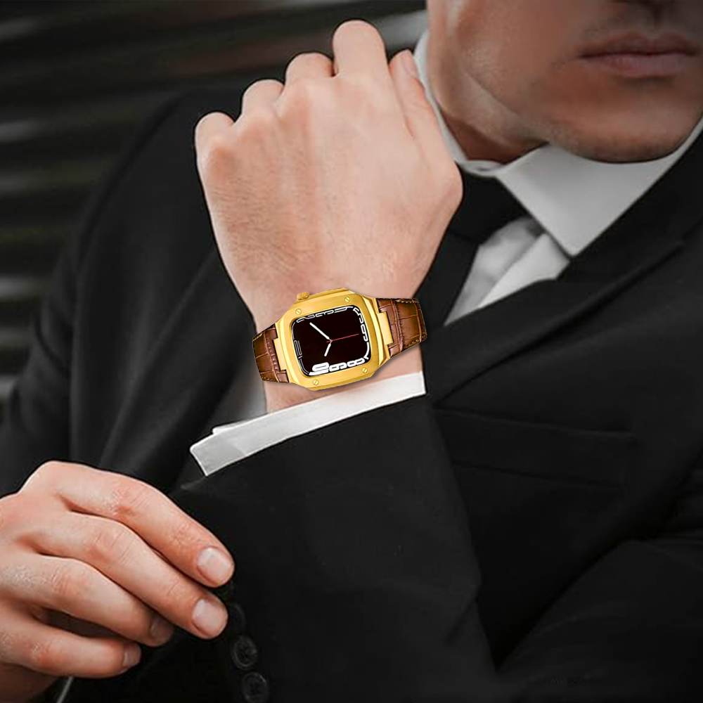 GRUNX Golden stainless steel Apple Watch case genuine leather strap worn on wrist formal setting India