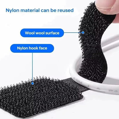 Black nylon material with wool surface and hook face, showing reusable properties.