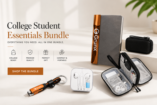 GrunX College Student Essentials Bundle with RFID Protected wallet card holder, 6 in 1 240W cable keychain, earphones and waterproof tavel pouch for cable gearnest