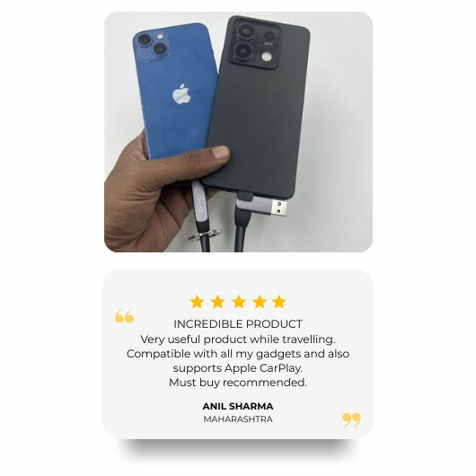 GrunX 5-Star Customer Review - Anil Sharma from Maharashtra - Keychain Charging Cable Compatible with iPhone and Android Supports Apple CarPlay - Incredible Product