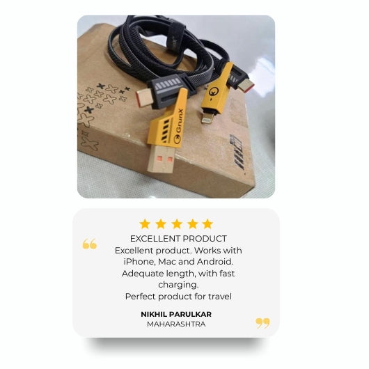 GrunX 5-Star Customer Review - Nikhil Parulkar from Maharashtra - 4-in-1 Fast Charging Cable Works with iPhone Mac and Android - Perfect Travel Charging Cable