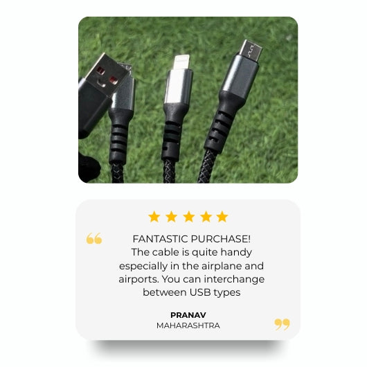 GrunX 5-Star Customer Review - Pranav from Maharashtra - Multi Connector USB Charging Cable Review - Handy for Travel Airplane and Airport Use