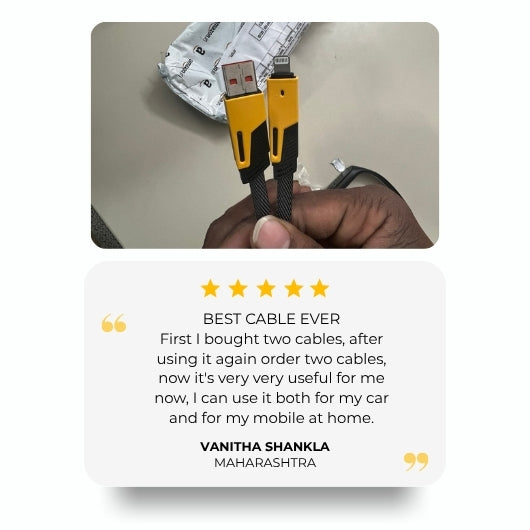 GrunX 5-Star Customer Review - Vanitha Shankla from Maharashtra calls it Best Cable Ever - 4-in-1 Fast Charging Cable for Car and Mobile Use
