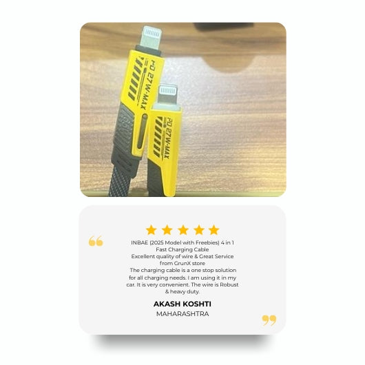 GrunX 5-Star Customer Review - Akash Koshti from Maharashtra - INBAE 2025 Model 4-in-1 Fast Charging Cable Review - Robust Heavy Duty Wire for Car Use