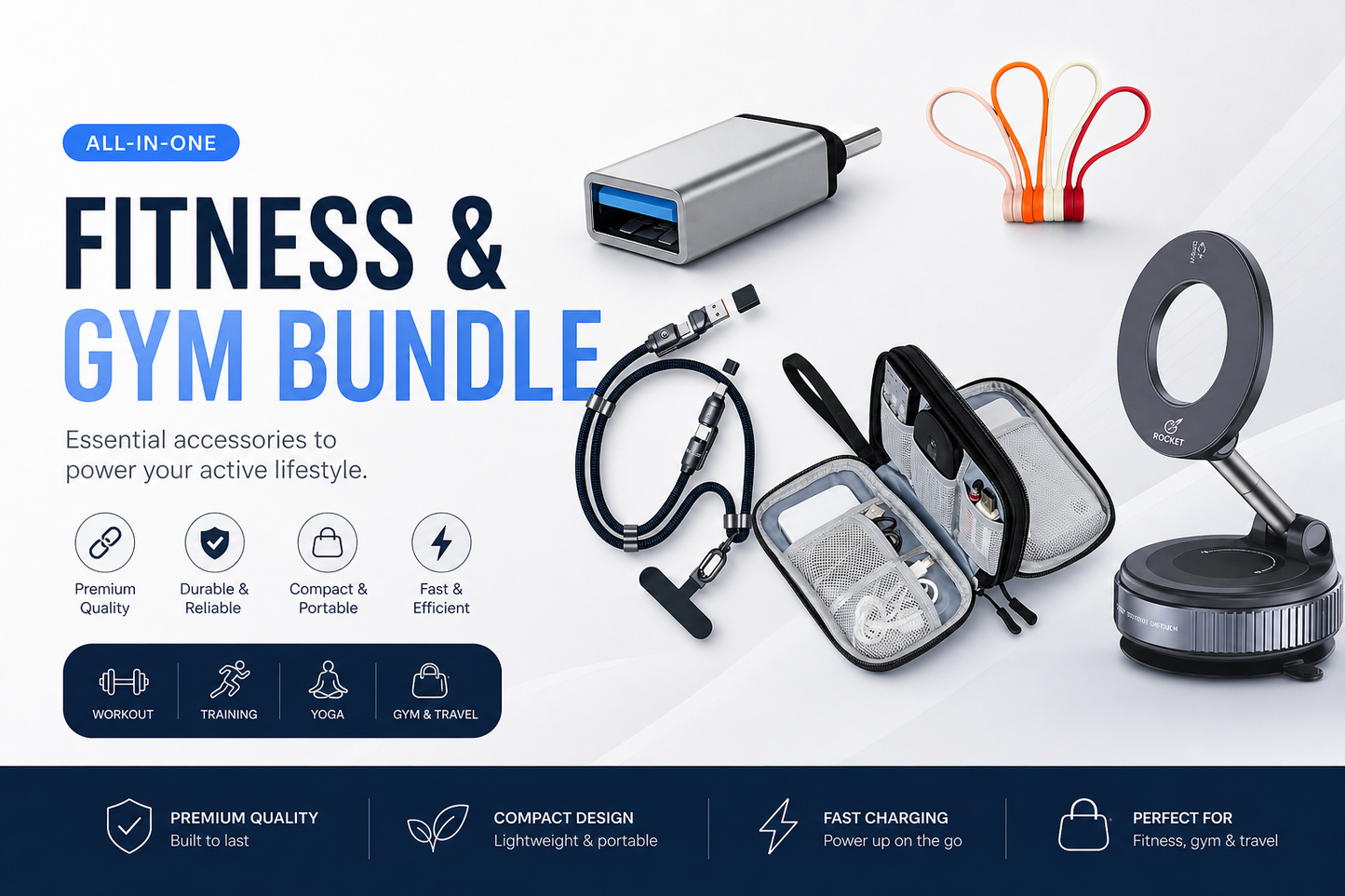 GrunX Fitness & Gym Bundle with type c otg adapter usb a metal connector adapter,  magnetic cable ties organizer pouch for cables and MagSafe mobile holder 360 suction mount