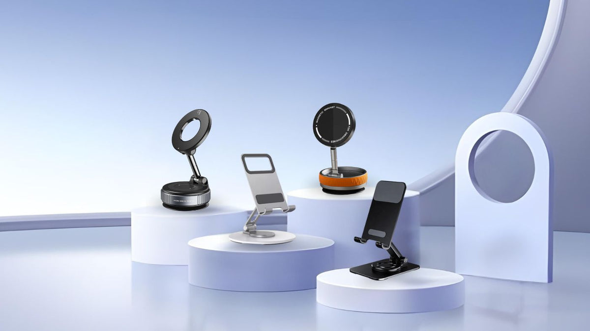 Set of phone stands on a modern, minimalistic display with a blue gradient background. GrunX sale must have accessories for office going men and women in India