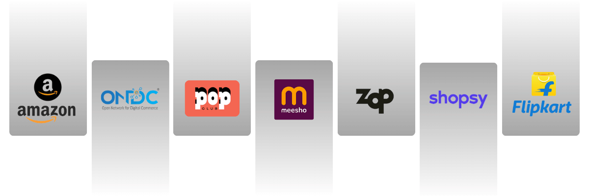 A photo horizontal row e-commerce platform logos on a white background to highlighting online shoppers that grunx is available on all e-commerce marketplaces in India including Amazon, ONDC, PopClub, Meesho, Zop, Shopsy, and Flipkart.