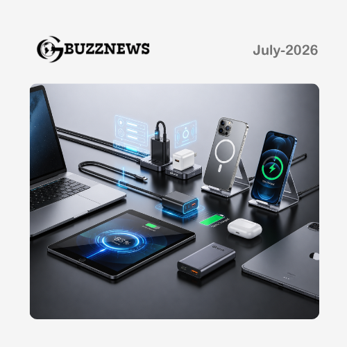 Wireless charging setup with power bank, chargers, and phones on desk - BuzzNews July 2026