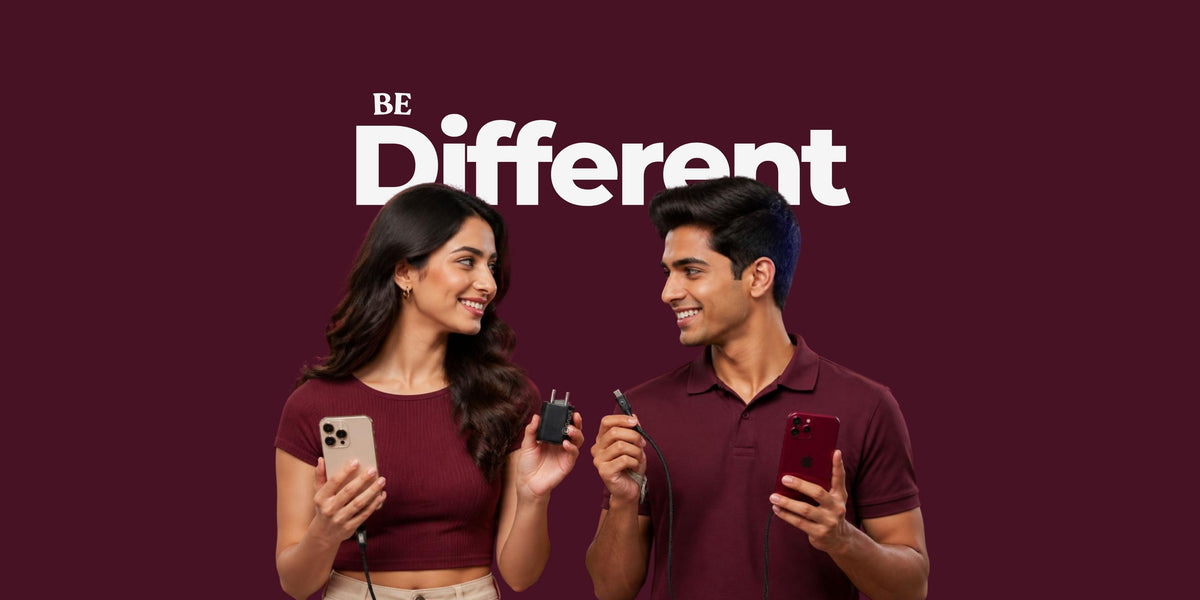 Be Different text is tagline of GrunX - Girl and boy holding fast charger and braided charging cable for iPhone