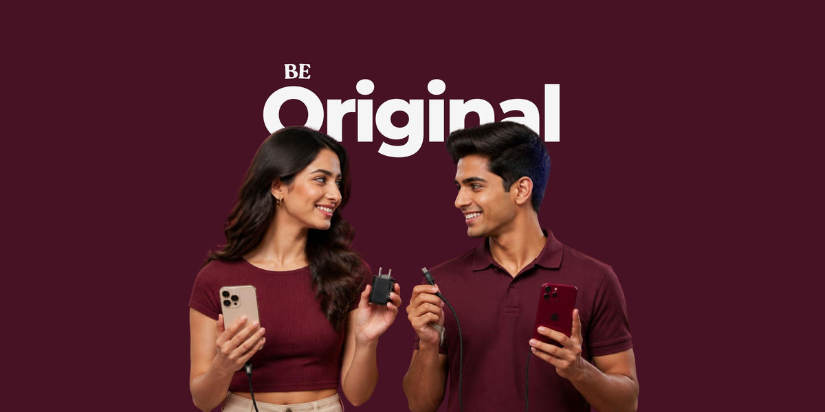 Be Original text is tagline of GrunX - Girl and boy holding fast charger and braided charging cable for iPhone