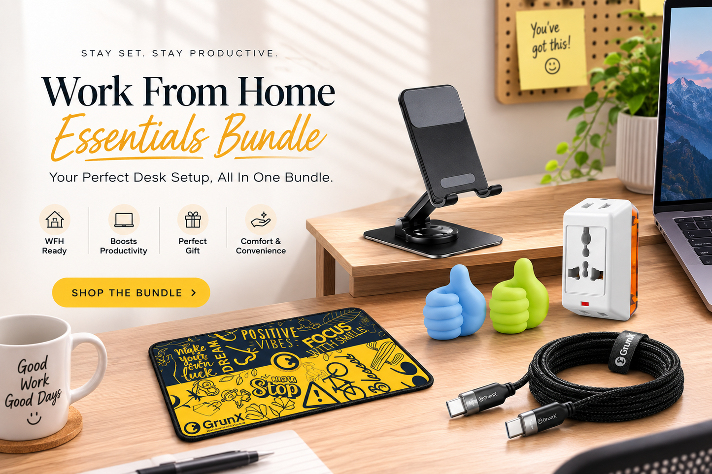 GrunX Work From Home Essentials Bundle with Universal portable phone stand, mouse pad, USB-C 6 feet 100w charging cable and wipro travel adapter