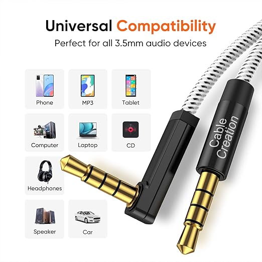 3.5mm right angle aux cable universal compatibility with phone MP3 player tablet computer laptop CD player headphones speaker and car stereo