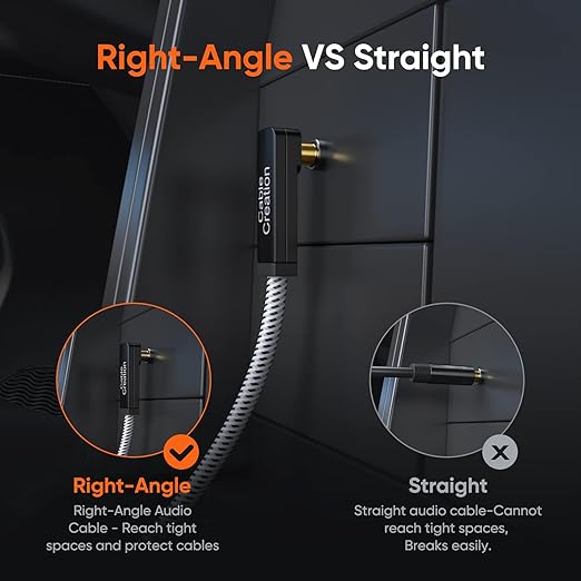 3.5mm right angle aux cable versus straight cable comparison showing right angle design reaches tight spaces and protects cable from breaking