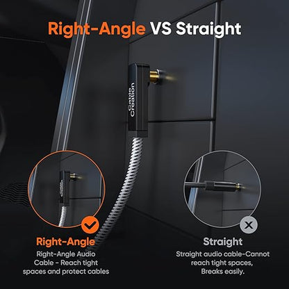 3.5mm right angle aux cable versus straight cable comparison showing right angle design reaches tight spaces and protects cable from breaking