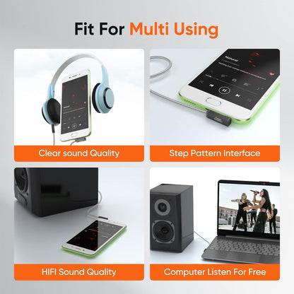 3.5mm right angle aux cable multi-use compatibility showing clear sound quality with headphones Hi-Fi speaker and laptop computer audio connection