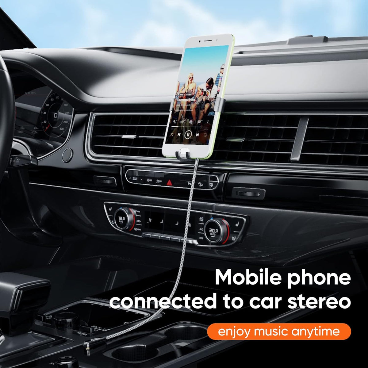 3.5mm right angle aux cable connecting smartphone on car vent mount to car stereo for music streaming while driving