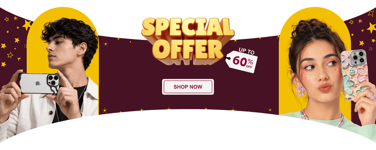 Promotional banner with the text 'SPECIAL FESTIVE OFFER' and 'UP TO 60% OFF' featuring two models holding smartphones on a maroon, yellow, and white background with a 'SHOP NOW' button. This banner is for mobile accessories and lifestyle tech offers in India.