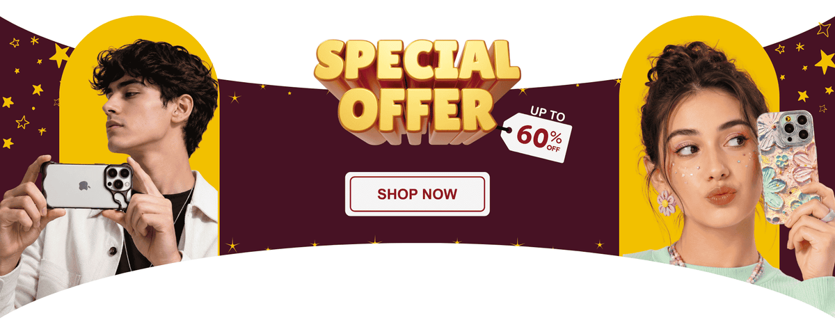 Promotional banner with the text 'SPECIAL FESTIVE OFFER' and 'UP TO 60% OFF' featuring two models holding smartphones on a maroon, yellow, and white background with a 'SHOP NOW' button. This banner is for mobile accessories and lifestyle tech offers in India.