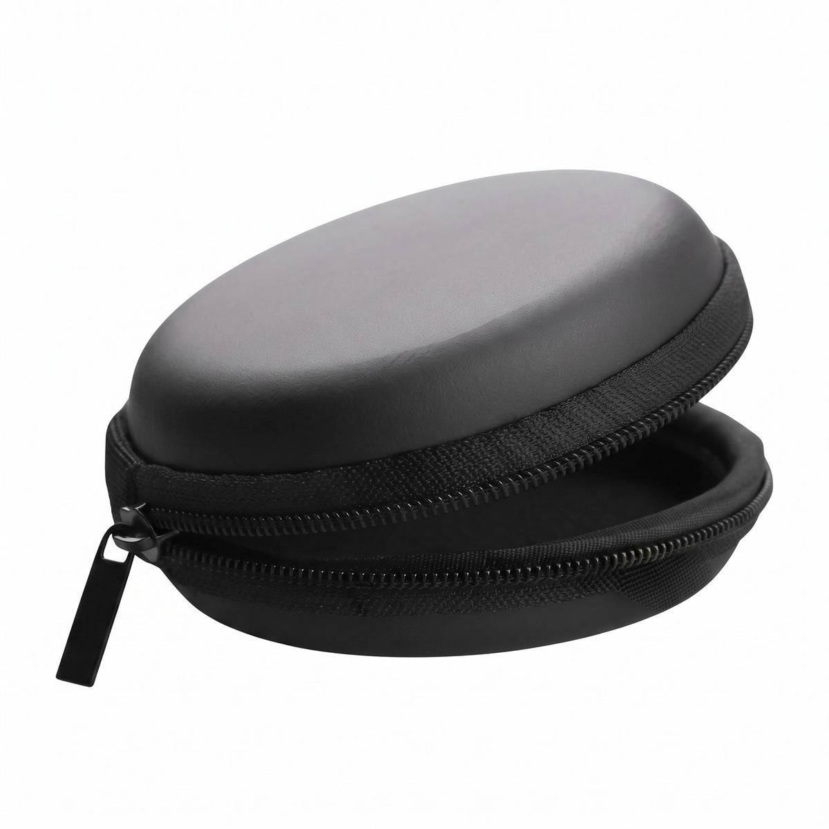 A black oval hard-shell zippered carrying case, shown open on a plain white background.