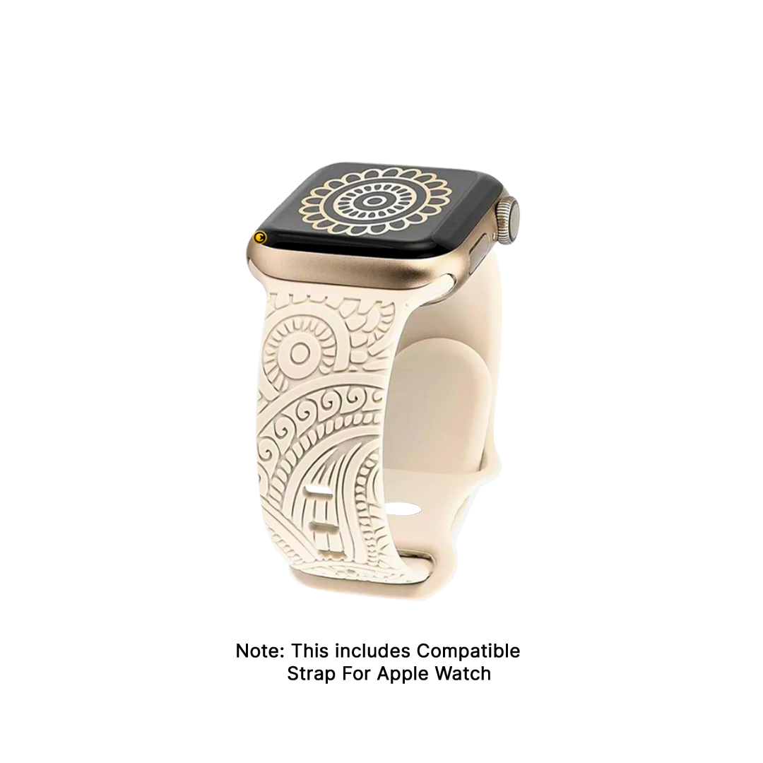 GRUNX Hilton floral henna engraved Apple Watch strap silicone artistic design for stylish Indian girls desk setup
