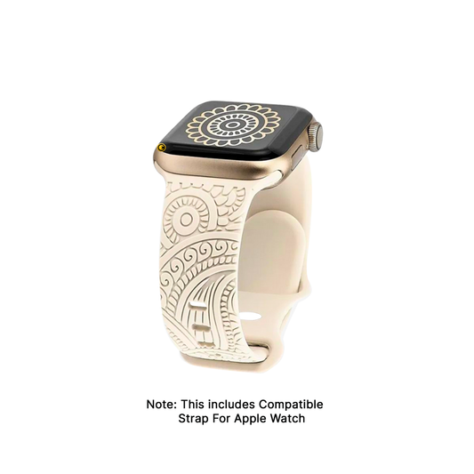 GRUNX Hilton floral henna engraved Apple Watch strap silicone artistic design for stylish Indian girls desk setup