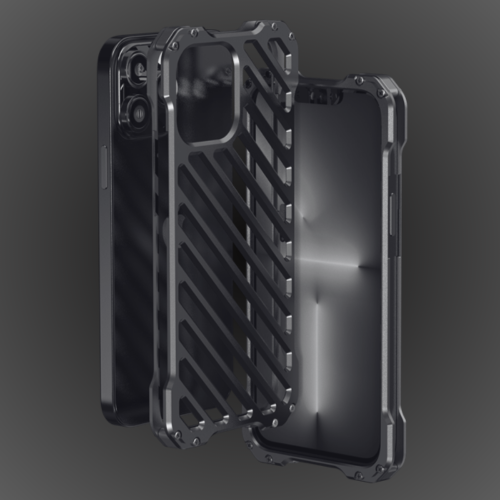GRUNX Hollow aluminium iPhone 14 case dark gray front and back view shockproof metal India