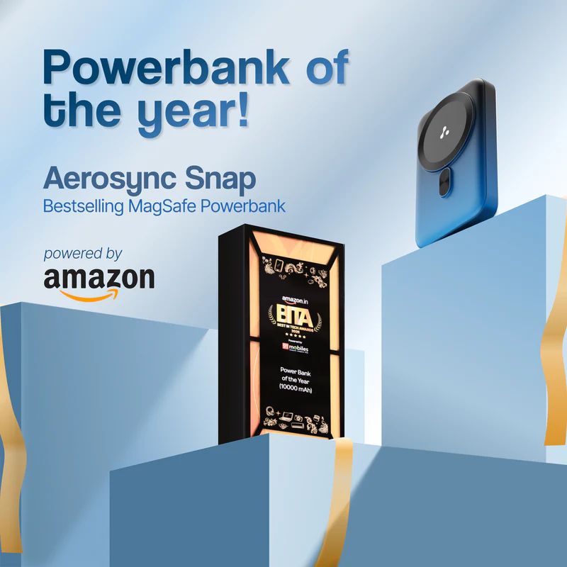 GRUNX Aerosync Snap powerbank dual port Type-C USB-A wired charging alongside MagSafe wireless output LED indicators India