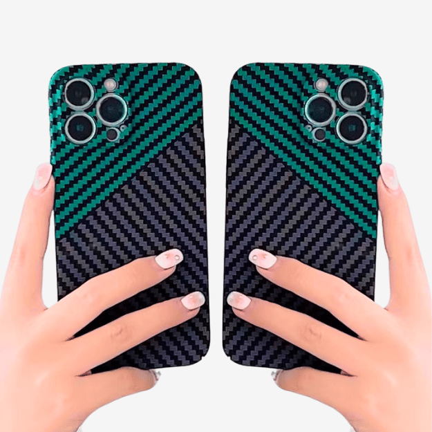 GRUNX Jade carbon fiber iPhone case showing magnetic MagSafe compatibility and car mount use