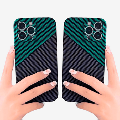 GRUNX Jade carbon fiber iPhone case showing magnetic MagSafe compatibility and car mount use