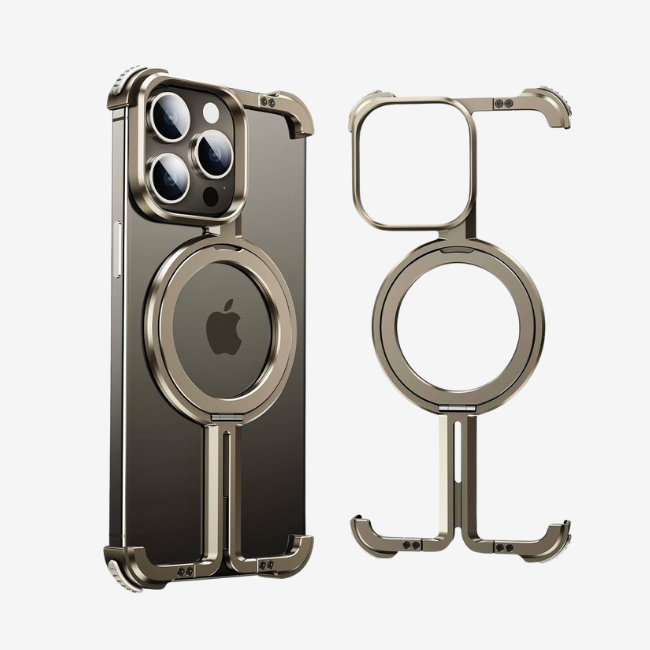 GRUNX Jimmy frameless aluminium iPhone 16 case in stand mode landscape hands-free ring holder India