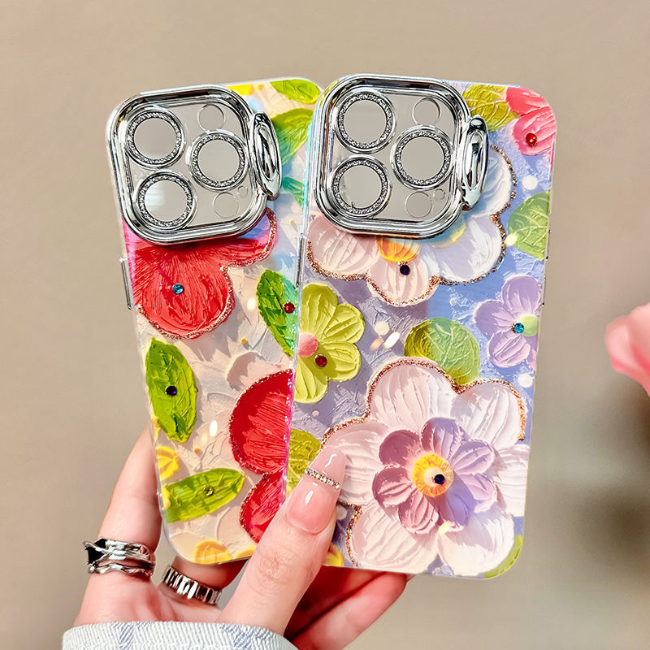 An individual presents a bright phone case adorned with flowers, featuring a product available at Grunxstore.