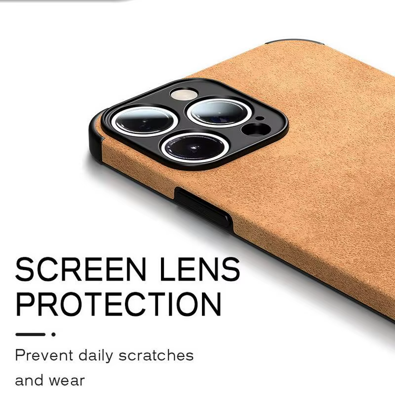 GRUNX King iPhone 15 lambskin leather case showing raised camera lens protection back view India