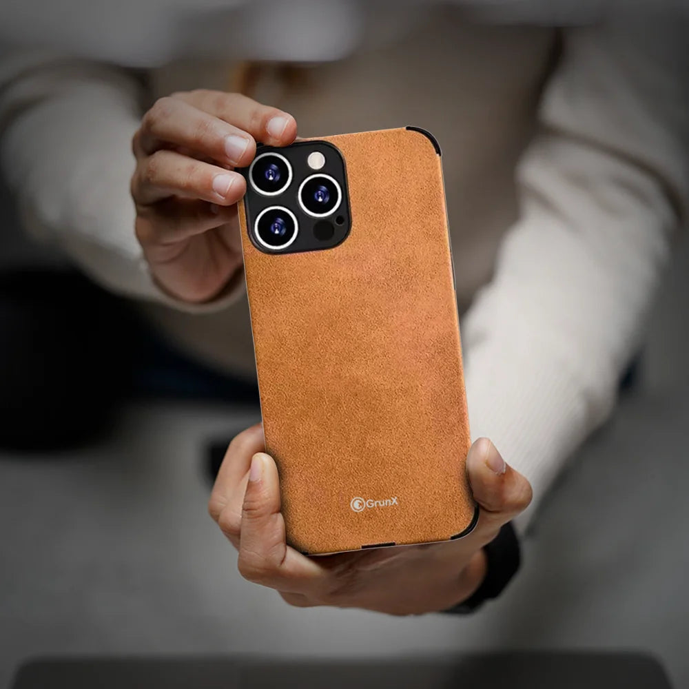 GRUNX King lambskin iPhone 16 Plus case man showcasing back view premium soft leather finish India