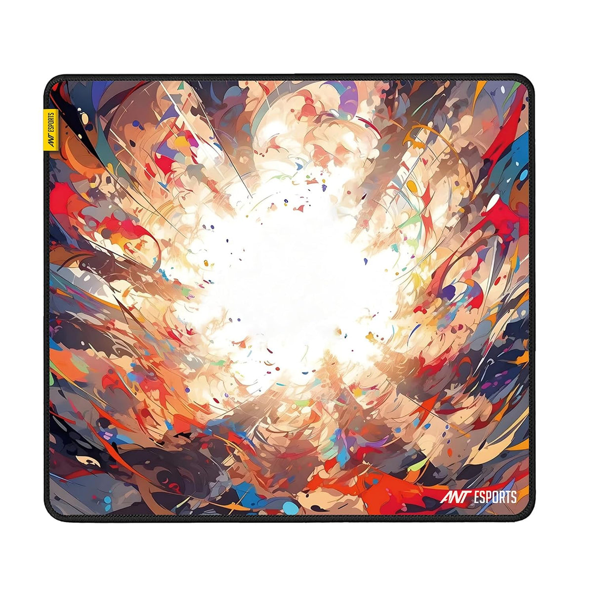 A square gaming mouse pad featuring a vibrant, abstract digital art print of an explosion with colorful paint splatters. The design has a black border and the 'MW Esports' logo in the bottom right corner.