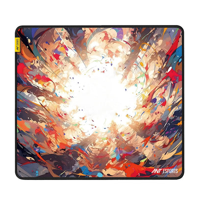 A square gaming mouse pad featuring a vibrant, abstract digital art print of an explosion with colorful paint splatters. The design has a black border and the 'MW Esports' logo in the bottom right corner.