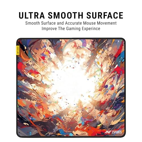 A rectangular gaming mouse pad with a colorful abstract paint-splatter design, shown on a white background with promotional text above reading 'ULTRA SMOOTH SURFACE' and 'Smooth Surface and Accurate Mouse Movement Improve The Gaming Experience.' The pad has a black border and the brand name 'M7 SPORTS' in the lower right corner.
