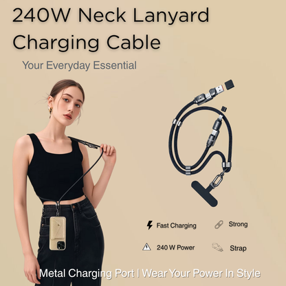 240W neck lanyard charging cable with a woman holding it, on a beige background.