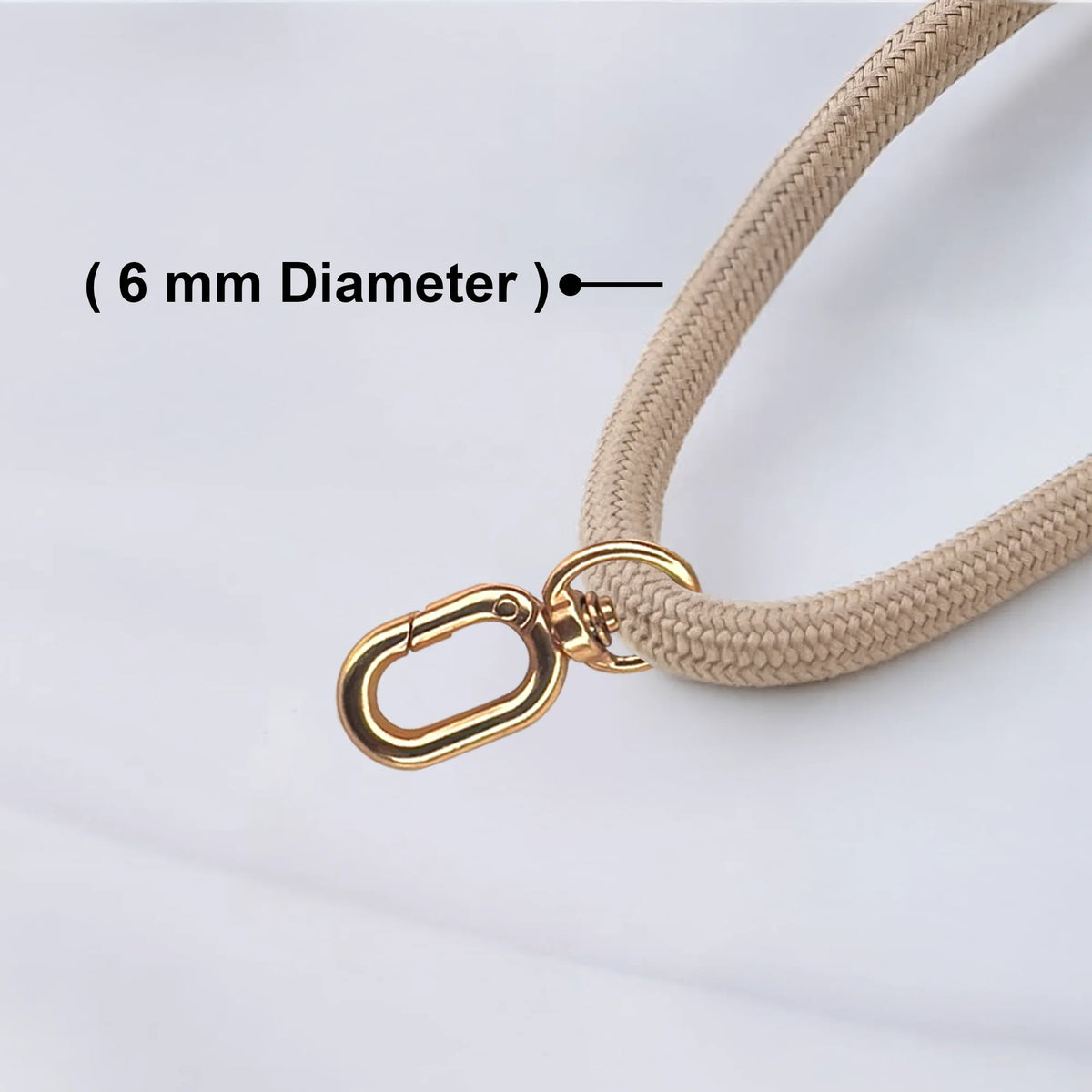Beige rope with gold clasp on a white background, showing 6 mm diameter.